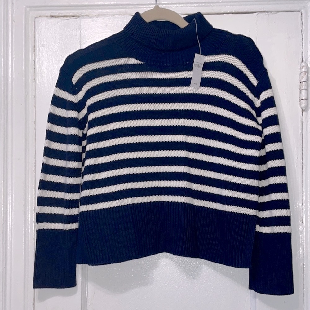 Blue and White Striped Cowl Neck Sweater